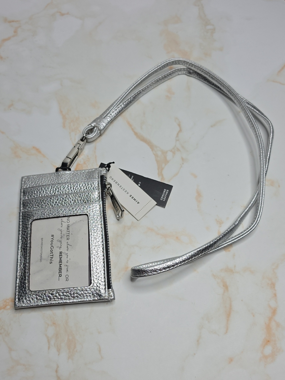 Aimee Kestenberg Lima Leather Lanyard ID Card Wallet in the Silver Metallic New